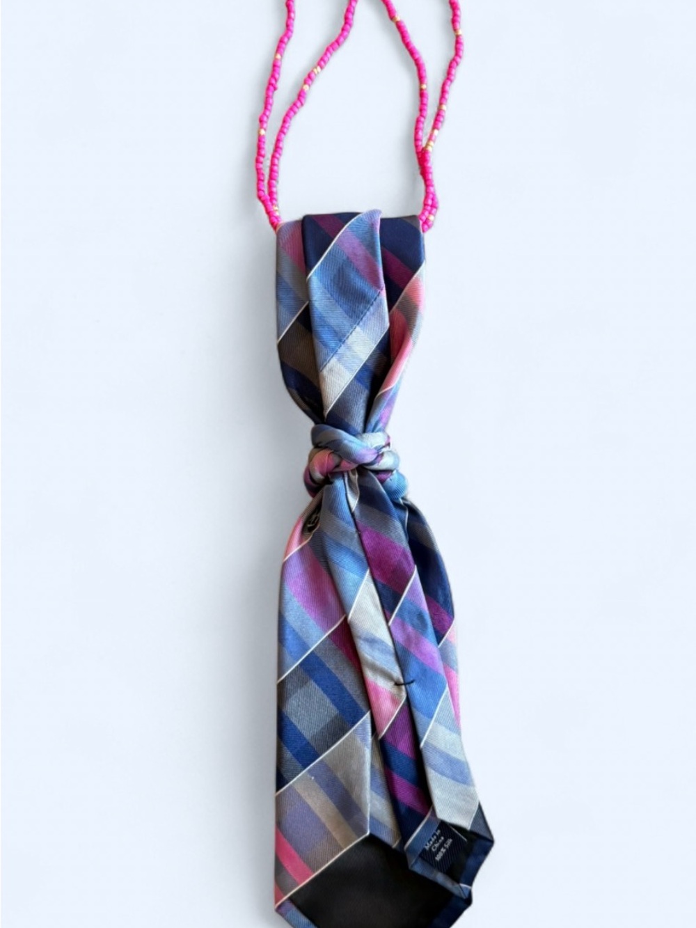 Upcycled Pink and Blue Plaid NeckTie Necklace with Vintage Lily Pin - Picture 5 of 5